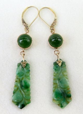 ANTIQUE CHINESE CARVED GREEN JADE with IMPERIAL JADE CABOCHONS 14K GOLD EARRINGS 5
