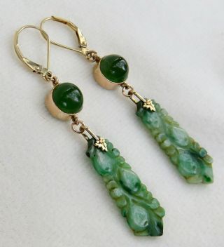 ANTIQUE CHINESE CARVED GREEN JADE with IMPERIAL JADE CABOCHONS 14K GOLD EARRINGS 6