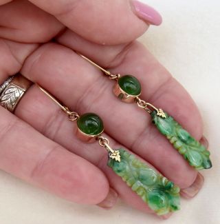 ANTIQUE CHINESE CARVED GREEN JADE with IMPERIAL JADE CABOCHONS 14K GOLD EARRINGS 7