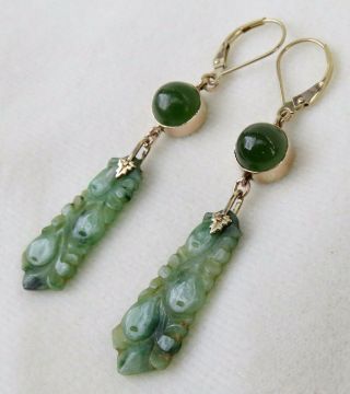 ANTIQUE CHINESE CARVED GREEN JADE with IMPERIAL JADE CABOCHONS 14K GOLD EARRINGS 8