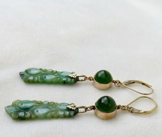 ANTIQUE CHINESE CARVED GREEN JADE with IMPERIAL JADE CABOCHONS 14K GOLD EARRINGS 9