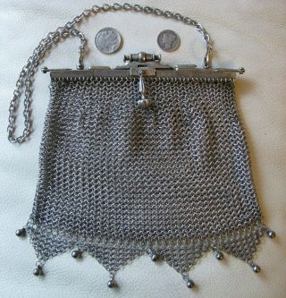 Antique German Silver Fancy Clasp Double Hinged Frame 9 Ball Fringe Mesh Purse
