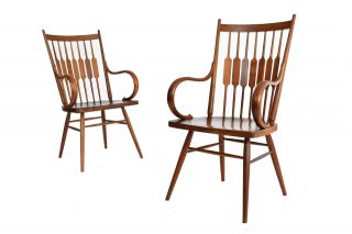 Mid Century Walnut Dining Arm Chairs By Kipp Stewart For Drexel Declaration - A