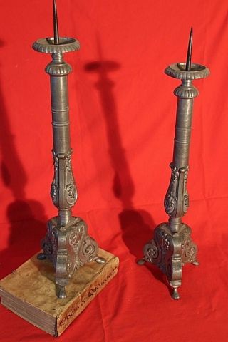 Tall Pair Antique French Baroque Candlesticks Lamp Candelabra Pewter 1800 Rococo