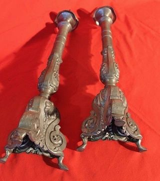 Tall pair antique French baroque candlesticks lamp candelabra pewter 1800 rococo 2