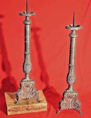 Tall pair antique French baroque candlesticks lamp candelabra pewter 1800 rococo 3