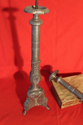 Tall pair antique French baroque candlesticks lamp candelabra pewter 1800 rococo 7