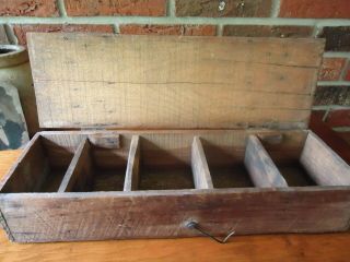Antique Primitive Wooden Box With Lid,  Dividers,  Hinged Lid Cubby Box