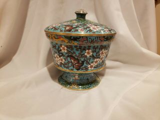 7.  5 " H × 7 " W Chinese Cloisonne Over Brass Dish With Lid Circa 20th Century