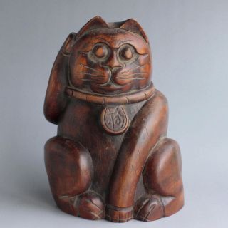 Vintage Japanese Maneki Neko Thick Bamboo Carving Lucky Fortune Cat Statue