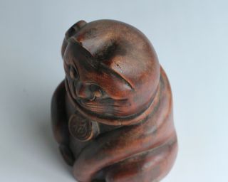 Vintage Japanese Maneki Neko Thick Bamboo Carving Lucky Fortune cat statue 9