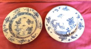 Two Chinese Late 18th Century Blue & White Stork And Insect Decorated Plates