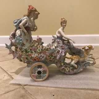 Antique German Sitzendorf Porcelain Dog Chariot W/ Maidens Figural / Figurine