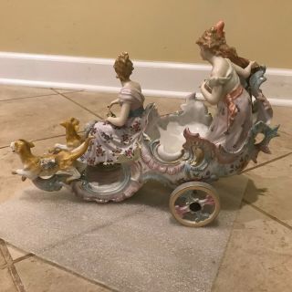 Antique German Sitzendorf Porcelain Dog Chariot w/ Maidens Figural / Figurine 2