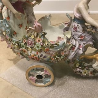 Antique German Sitzendorf Porcelain Dog Chariot w/ Maidens Figural / Figurine 8