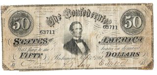 Civil War Confederate $50 Note Jefferson Davis 1864 Circulated Three Autographs