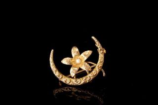 Anantique Victorian 10k Gold Seed Pearl Moon Flower Brooch Pin A28886