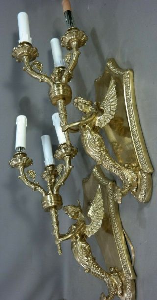 Pair (2) Vintage Brass Figural Winged Mermaid Nude Lady Statue Old Wall Sconce
