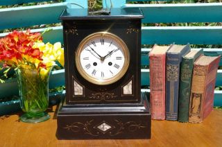 Antique French Slate & Marble Mantle Clock By Japy Freres C.  1870 