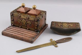 Antique Arts & Crafts Hammered Copper & Brass Inkwell,  Blotter,  Letter Opener Nr