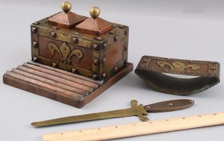 Antique Arts & Crafts Hammered Copper & Brass Inkwell,  Blotter,  Letter Opener NR 2