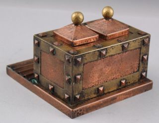 Antique Arts & Crafts Hammered Copper & Brass Inkwell,  Blotter,  Letter Opener NR 9