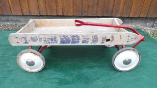 Antique Child Wood Orbit Wagon Pull Toy In Has 4 Wheels