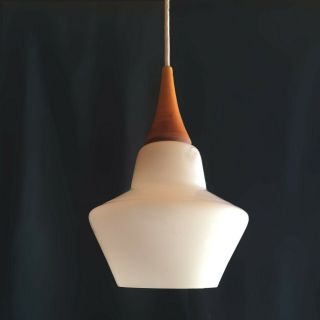 Mid Century Danish Modern White Opaline Glass Teak Pendant Lamp Denmark 50s - 60s
