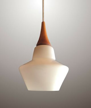 Mid Century Danish Modern White Opaline Glass Teak Pendant Lamp Denmark 50s - 60s 2