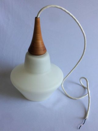 Mid Century Danish Modern White Opaline Glass Teak Pendant Lamp Denmark 50s - 60s 7