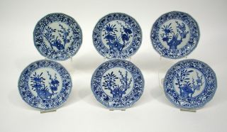 6 Chinese Blue & White Export Porcelain Saucers Flower Pattern Symbol Mark C1800