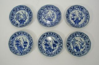 6 CHINESE BLUE & WHITE EXPORT PORCELAIN SAUCERS FLOWER PATTERN SYMBOL MARK c1800 2