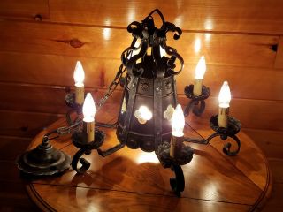 1 Vtg Gothic Medieval Italian Wrought Iron 7 Bulb Chandelier Light Fixture