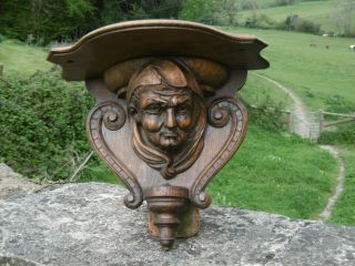 19thc Gothic Oak Carved Monk Head With Shelf Over C.  1860 