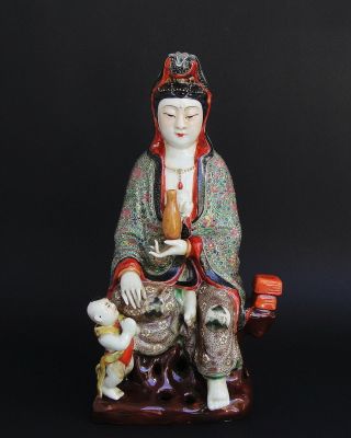 Large Antique Chinese Republic Porcelain Kwan Yin Statue Signed Zeng Long Sheng