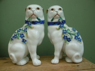 Pr 19thc Staffordshire Porcelain Pug Dogs With Flowering Branch C.  1870
