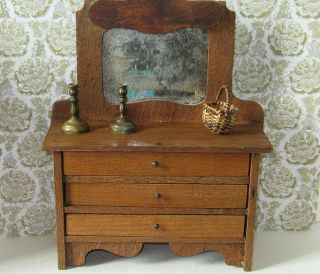Antique Miniature Dresser With Mirror For Dolls,  Candlesticks And Basket