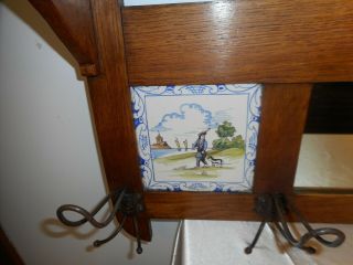 ANTIQUE SCANDINAVIAN WALL MOUNTED COAT RACK WITH MIRROR,  SHELF & CERAMIC TILES 4