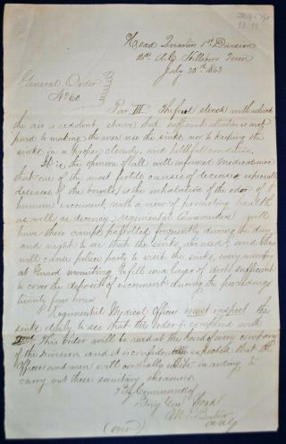 1863 General Order No.  60 Signed By Capt.  M.  P.  Bestow,  Asst.  Adj.  Gen.