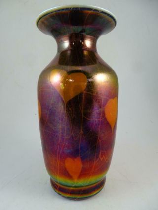 Vintage Imperial Art Glass Table Vase Iridescent Heart 9 " Tall Hand Blown Old
