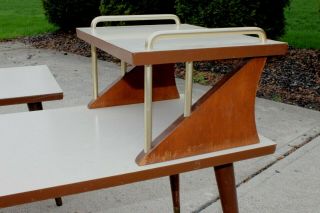 VINTAGE MCM MID CENTURY MODERN WHITE WOOD BRASS GOLD ACCENT STEP SIDE TABLES 3