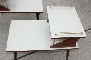 VINTAGE MCM MID CENTURY MODERN WHITE WOOD BRASS GOLD ACCENT STEP SIDE TABLES 6