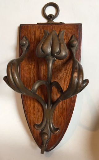 Art Nouveau Wall Hook Decoration Tulip Brass Wood Hanging Shield