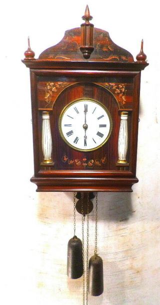 1875 German Wag Wall Clock - - Wooden Plates & Two Weights - - Porcelain Columns