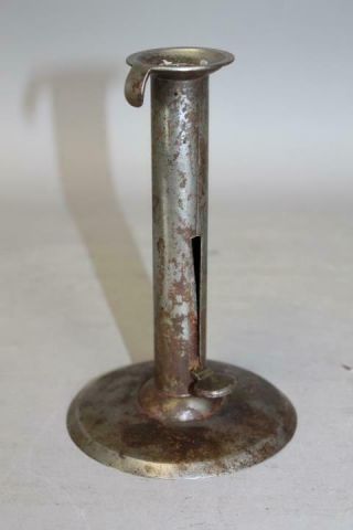 A Great Early 19th C Rolled Iron Hogscraper Candlestick In Old Polished Surface