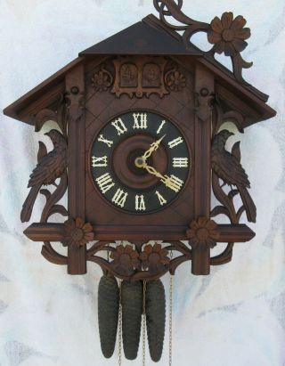 Antique Black Forest Cuckoo Quail Clock,  Unique Carving,  Mvmt Pristine,  Wrks Gr8
