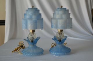 2 Art Deco Blue Glass Boudoir Electric Lamps