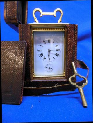 Antique Brass Carriage Alarm Clock Made In France With Case
