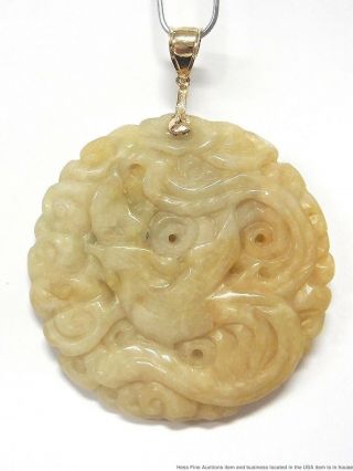190ct Muttonfat Jadeite 14k Gold Pendant Antique Qing Jade Chinese Phoenix 7o12