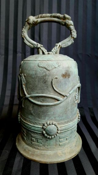 Large Antique Solid Bronze Oriental Temple Bell 14 in 2